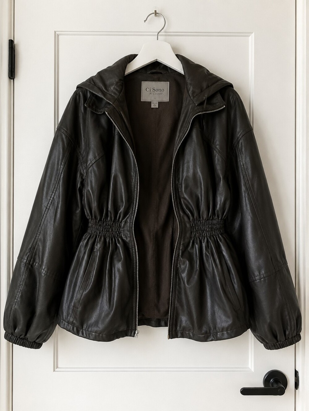 Ci Sono Branded- Black Hooded faux Leather Jacket with Elastic Waist, SZ  3X-